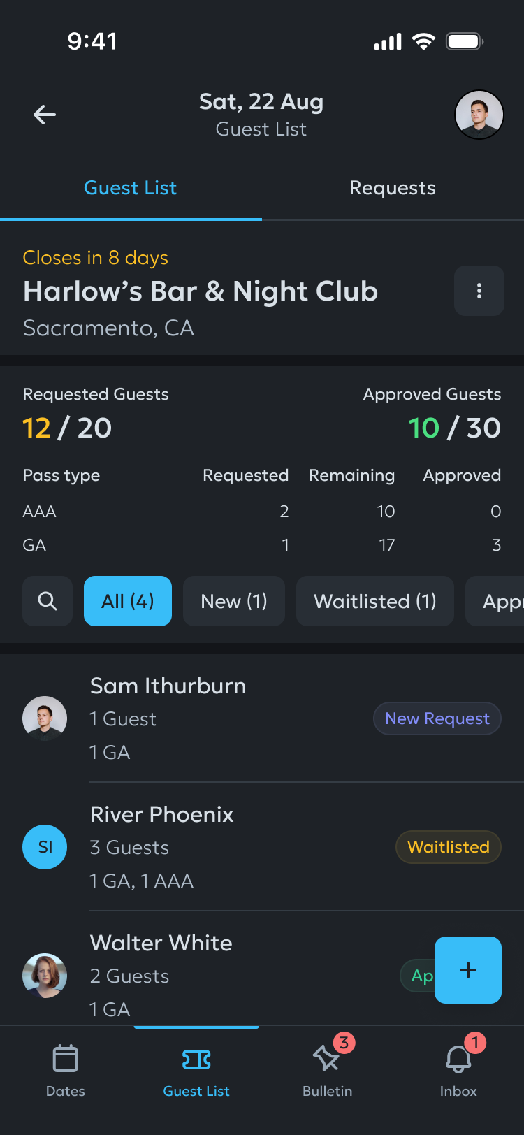 The Guest List management screen on the DaySync tour management mobile app, showing requested and approved guest numbers, pass types like 'AAA' and 'GA', and various guest filters for 'Harlow's Bar & Night Club'.