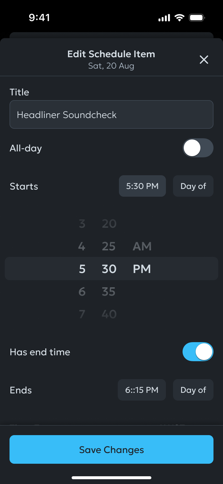 The 'Edit Schedule Item' screen on the DaySync tour management mobile app, showing fields for the event title, an all-day toggle, and start time.